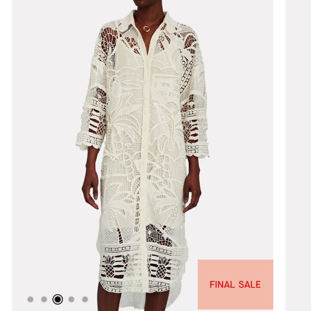 NEW Farm Rio Guipure Off White Lace Crochet Semi Sheer Shirt Dress midi-length